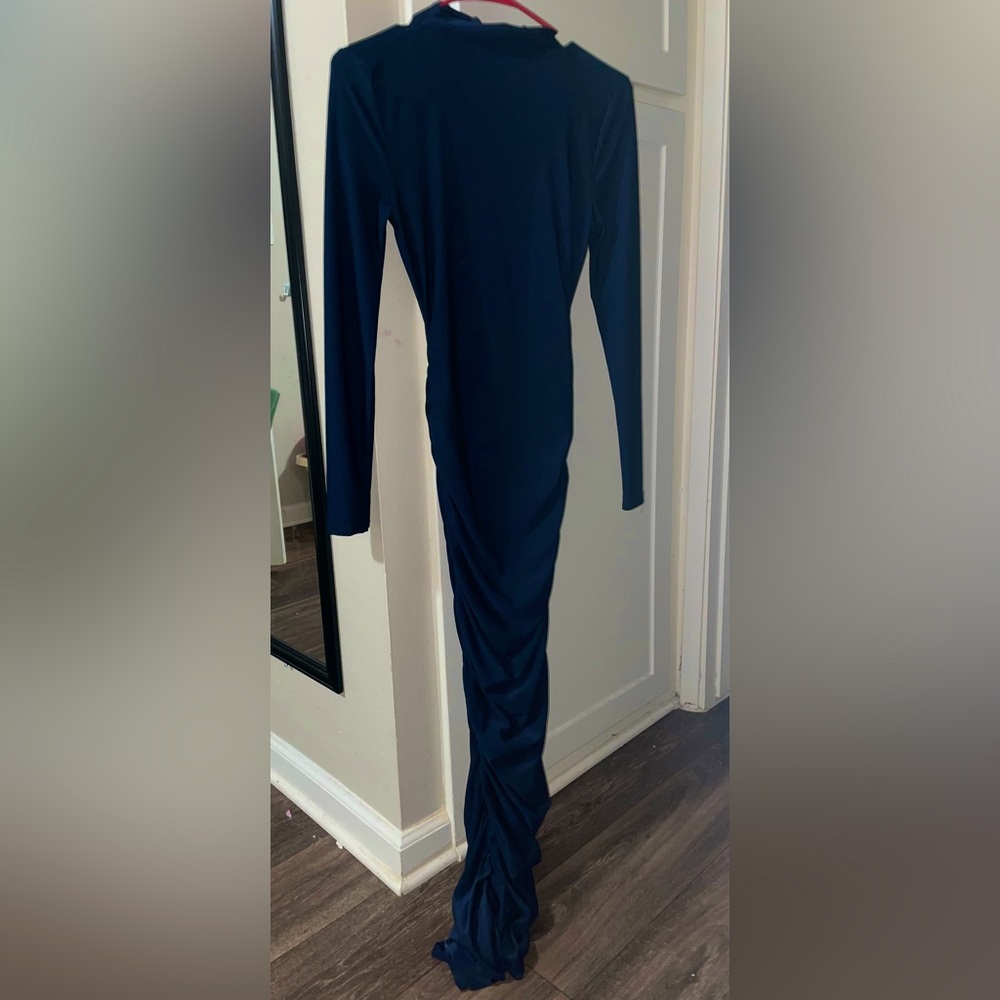 XS Long Sleeve Dark Blue Long Fashion nova Dress Gold Zip Up back - NEW